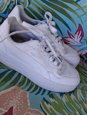 PUMA White Leather Platform Lace-Up Sneakers